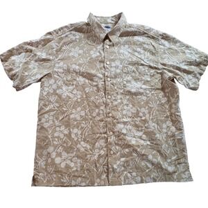 Old Navy Mens XL Linen Cotton Floral Short Sleeve Button Down Shirt Tan Beige